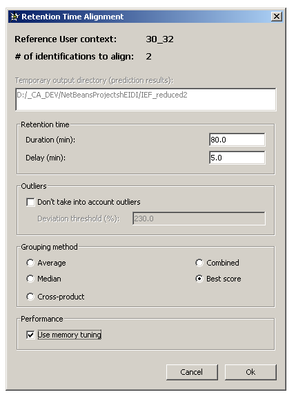 Retention Time Alignment settings