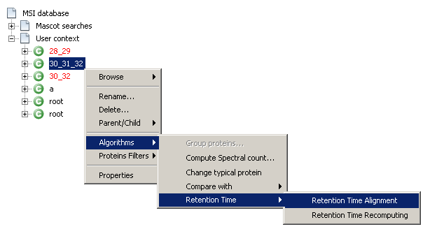 Retention Time Alignment menu