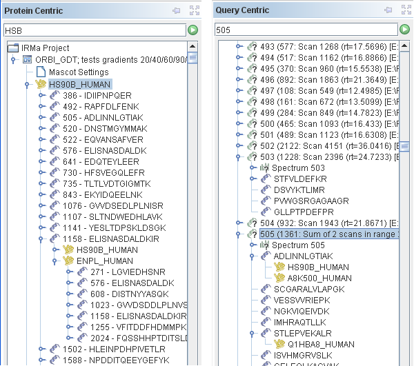 Protein hit centric view and Query centric view